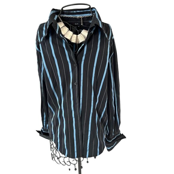 O Shirt Womens Black & Blue Striped Button-Up Shirt Size 14 By Cotton/Polyester - Picture 1 of 12